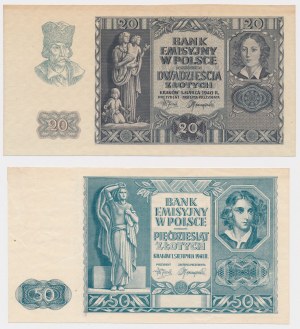 20 zloty 1940 et 50 zloty 1941 sans sous-impression, série et numéro - set (2 pcs)