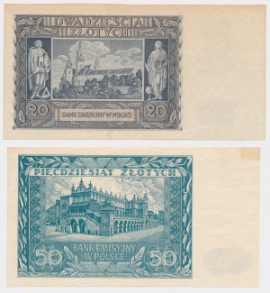 20 zloty 1940 et 50 zloty 1941 sans sous-impression, série et numéro - set (2 pcs)