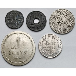 1-20 groszy 1923-1939 i żetony - zestaw (5szt)
