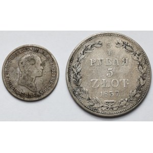 1 złoty polski 1832 KG i 3/4 rubla = 5 złotych 1837 MW, Warszawa - zestaw (2szt)