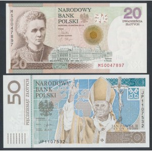 50 zł 2006 Jan Paweł II i 20 zł 2011 M. Skłodowska-Curie - w folderach NBP (2szt)