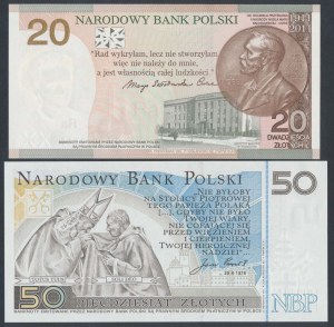 50 zlotys 2006 Jan Paweł II et 20 zlotys 2011 M. Skłodowska-Curie - dans des pochettes NBP (2pcs)