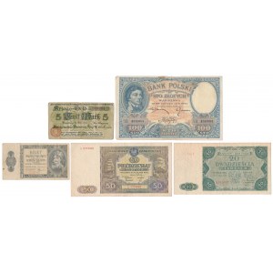 Zestaw banknotów 1919-1947 + Bydgoszcz 5 mk 1918 (4szt)