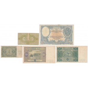 Zestaw banknotów 1919-1947 + Bydgoszcz 5 mk 1918 (4szt)