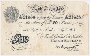 United Kingdom, Bank of England, 5 Pounds 1938 - counterfeit from Operation Bernhard
