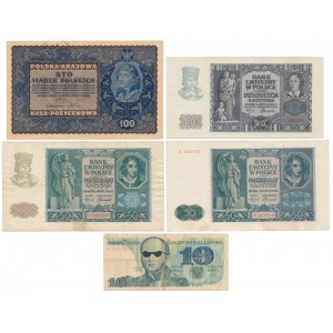 100 mkp 1919 Sierpień, 10 - 50 zł 1940-1982 - zestaw (5szt)