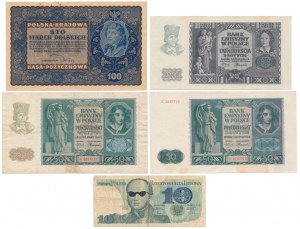 100 mkp 1919 août, 10 - 50 zloty 1940-1982 - set (5 pcs)