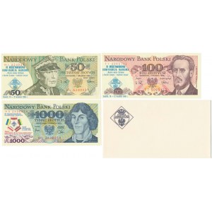 Zestaw 50, 100 i 1.000 zł 1982-1988 z nadrukami + koperta PTN (4szt)