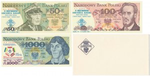 Jeu de 50, 100 et 1.000 zloty 1982-1988 avec impressions + enveloppe PTN (4pcs)