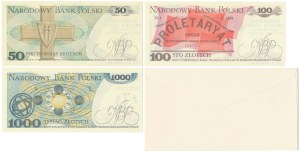 Jeu de 50, 100 et 1.000 zloty 1982-1988 avec impressions + enveloppe PTN (4pcs)
