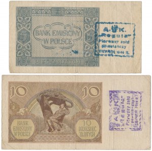 10 zlotys 1940 et 5 zlotys 1941 - avec cachet A.K.REGUŁA (2 pièces)