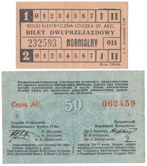 Łódź, Bureau des personnes âgées Zgr. Merchants, 50 kopecks 1915 et billet de train électrique (2pcs)