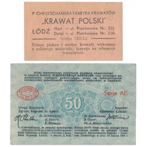 Łódź, Urząd Starszych Zgr. Kupców, 50 kopiejek 1915 i Kolej Elektryczna bilet (2szt)