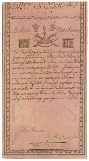 5 złotych 1794 - N.C 1. - unikatowy filigran JAN KOOL - jedyny znany egzemplarz z pełnym znakiem tej papierni