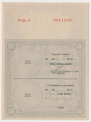 Assignment of the Ministry of Treasury for 500 zlotys (1939)