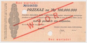 Remittance for 100 million mkp 1923 - MODEL - running numbering