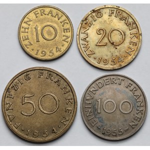 Niemcy, Saara, 10-100 franków (franken) 1954-1955 - zestaw (4szt)