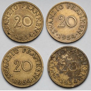 Niemcy, Saara, 20 franków (franken) 1954 - zestaw (4szt)