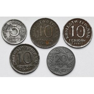 Królestwo Polskie i Generalna Gubernia, 5-10 fenigów 1917 i 20 groszy 1923 - zestaw (5szt)