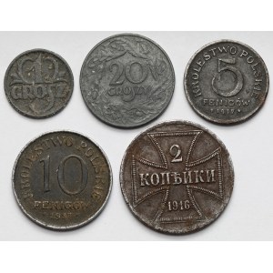 Ober-Ost., Królestwo Polskie i Generalna Gubernia, 2 kopiejki 1916, 5-10 fenigów 1917 i 1-20 groszy 1923-1939 - zestaw (5szt)