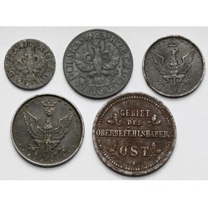 Ober-Ost., Królestwo Polskie i Generalna Gubernia, 2 kopiejki 1916, 5-10 fenigów 1917 i 1-20 groszy 1923-1939 - zestaw (5szt)
