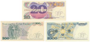 Jeu de 20, 200 et 1 000 zlotys 1982-1988 (3pc)