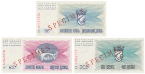Bosnie-Herzégovine, SPECIMEN 25, 50 et 100 Dinara 1992 set (3pc)