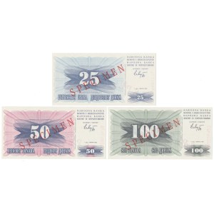 Bośnia i Hercegowina, 25, 50 i 100 Dinara 1992 - SPECIMEN - zestaw (3szt)