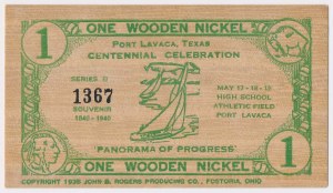 Potrt Lavaca, Texas, Centennial Celebration Souvenir - One Wooden Nickel 1938
