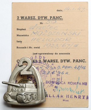 PSZnZ, Badge, 2nd Warsaw Armored Division + ID card - after gunner Możdzeński Heliodor