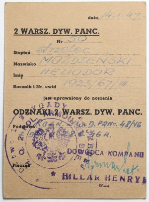 PSZnZ, Badge, 2nd Warsaw Armored Division + ID card - after gunner Możdzeński Heliodor