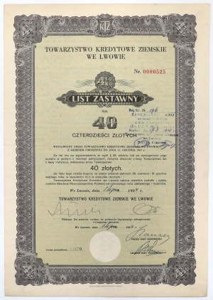 Lviv, Towarzystwo Kredytowe Ziemskie, 4,5% Lettre de mise en gage, 40 zl 1934