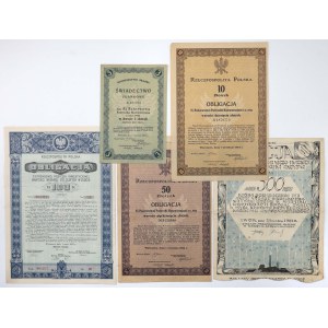 Zestaw Obligacji II RP + Zakłady Przędzalniczo-Tkackie 500 mkp 1924 (5szt)