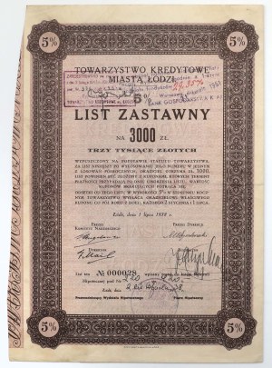 Łódź, Towarzystwo Kredytowe Miejskie, Lettre de privilège pour 3 000 zlotys 1938 - Numéro LOW 000028