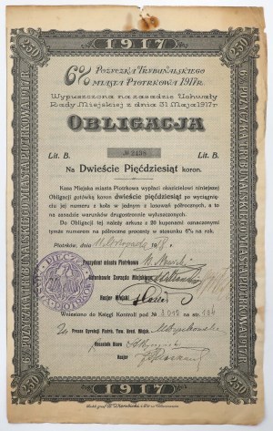 Emprunt de 6% de la ville tribale de Piotrków 1917, obligation de 250 couronnes datée du 11 novembre 1918