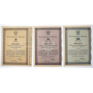 5% Poż. Konwersyjna, Obligacje 10, 50 i 100 zł 1924 - KOMPLET (3szt)