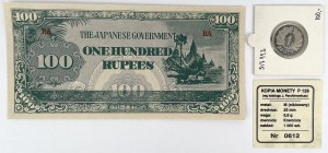 Exemplaire de 1 or 1928, médaillon et billet de 100 roupies - set (3pcs)