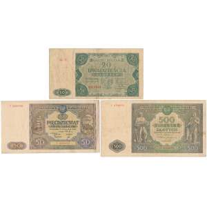 20, 50 i 500 zł 1946-1947 - zestaw (3szt)