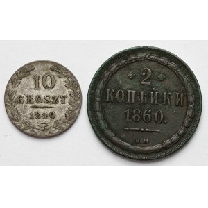 10 groszy 1840 MW i 2 kopiejki 1860 BM, Warszawa - zestaw (2szt)