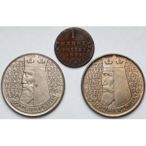 1 grosz 1824 IB z MIEDZI KRAIOWEY i 10 złotych 1964 Kazimierz Wielki - wklęsły i wypukły - zestaw (3szt)