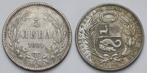 Bulgarie et Pérou, 5 leva 1884 et 1 sol 1924 - set (2pcs)