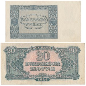 5 zł 1940 i 20 zł 1944 ...owym - zestaw (2szt)
