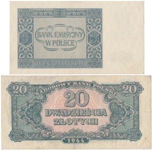 5 zlotys 1940 et 20 zlotys 1944 ...owym - set (2pcs)