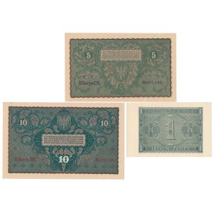 5 i 10 mkp 1919 Sierpień i 1 zł 1941 - zestaw (3szt)