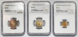 1 grosz i 5 złotych 1992-1996 - zestaw (3szt)