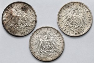 Bavière, Prusse et Württemberg, 3 marques 1909-1910 - set (3pcs)