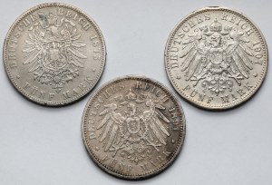 Hesse, Prusse et Württemberg, 5 marques 1875-1907 - set (3pc)