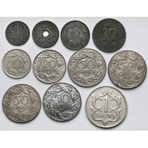 II RP i Generalna Gubernia, 1 - 50 groszy i 1 złoty 1923-1939 - zestaw (11szt)