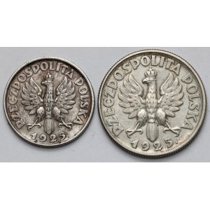 Kobieta i kłosy 1 i 2 złote 1925 z kropką, Londyn - zestaw (2szt)