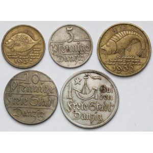 Gdańsk, 5-10 fenigów i Gulden 1923-1932 - zestaw (5szt)